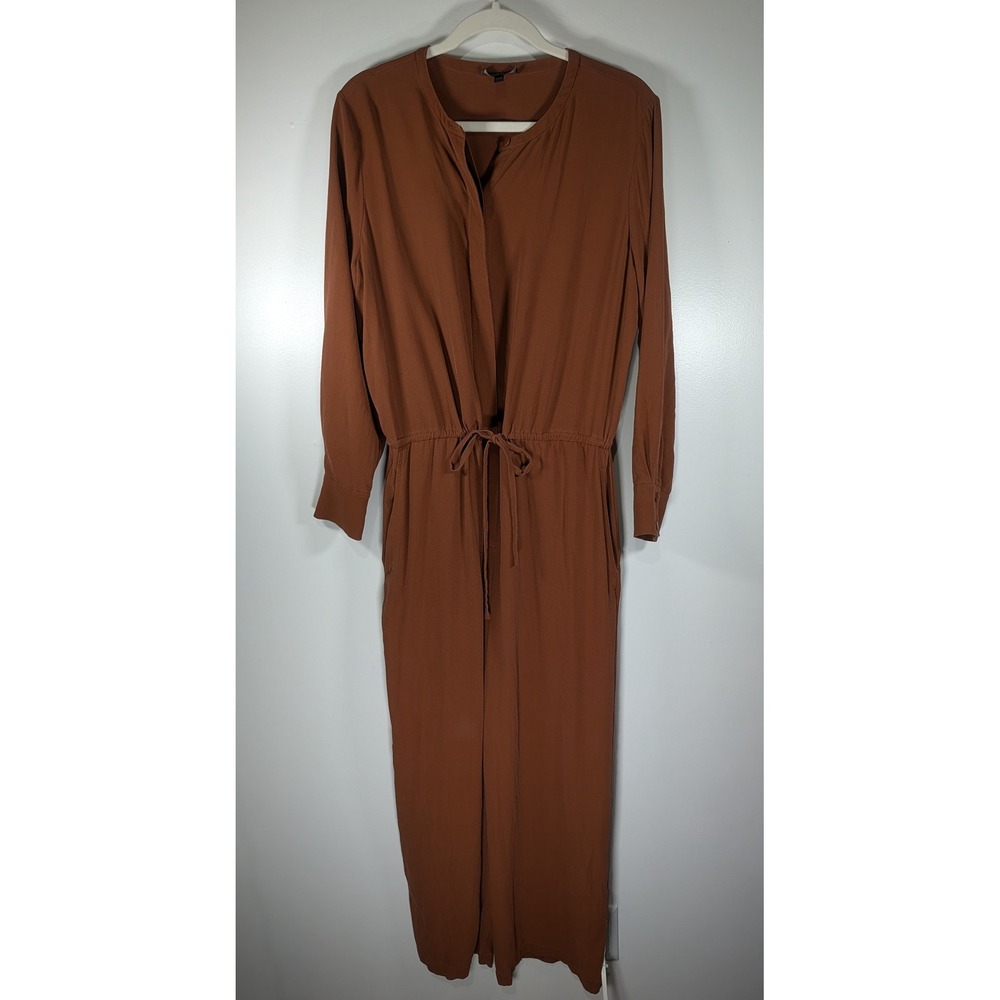 Eileen Fisher Silk Long Sleeve Drawstring Waist Jumpsuit Terracotta Brown Size M